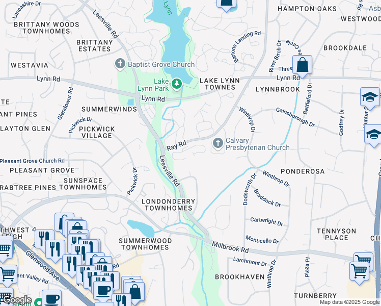 map of restaurants, bars, coffee shops, grocery stores, and more near 6498 Ray Road in Raleigh