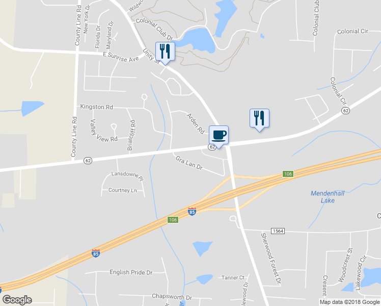 map of restaurants, bars, coffee shops, grocery stores, and more near 4642 Highway 62 in Thomasville