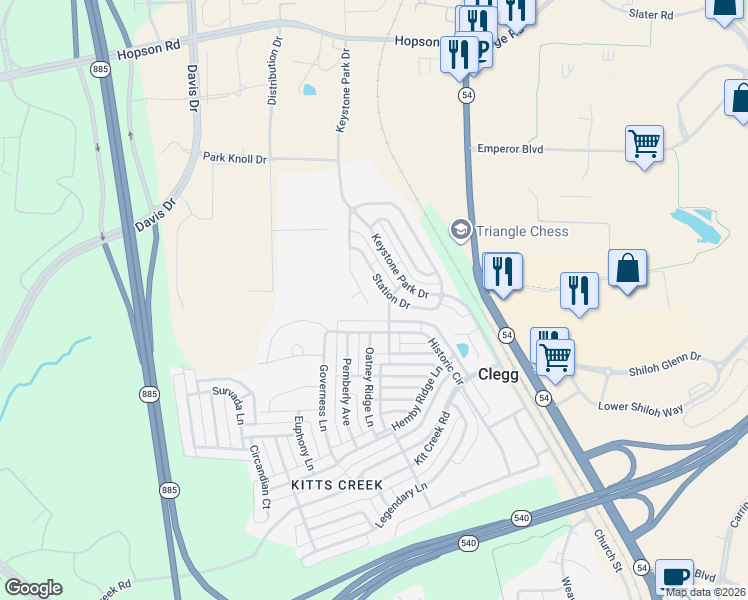 map of restaurants, bars, coffee shops, grocery stores, and more near 309 Mainline Station in Morrisville