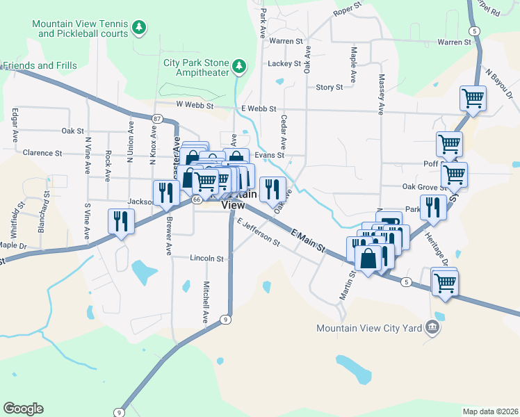 map of restaurants, bars, coffee shops, grocery stores, and more near 118 East Main Street in Mountain View