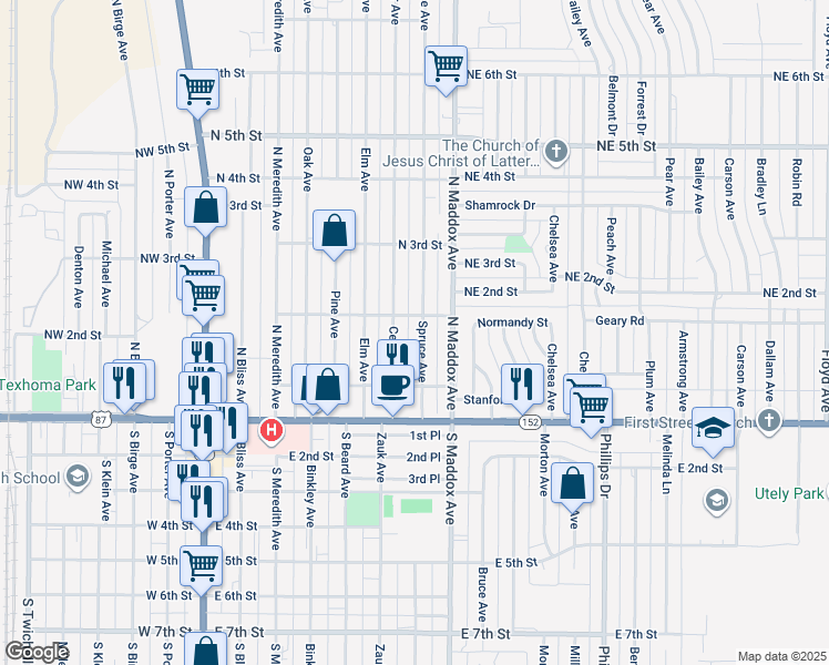 map of restaurants, bars, coffee shops, grocery stores, and more near 116 Cedar Avenue in Dumas