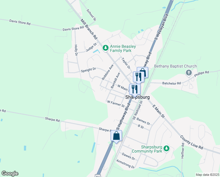 map of restaurants, bars, coffee shops, grocery stores, and more near 400 Exchange Lane in Rocky Mount