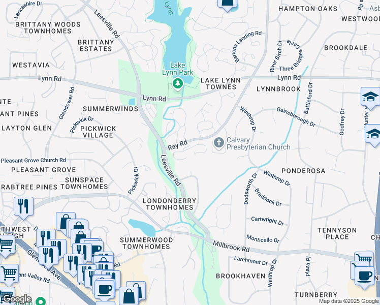 map of restaurants, bars, coffee shops, grocery stores, and more near 6498 Ray Road in Raleigh