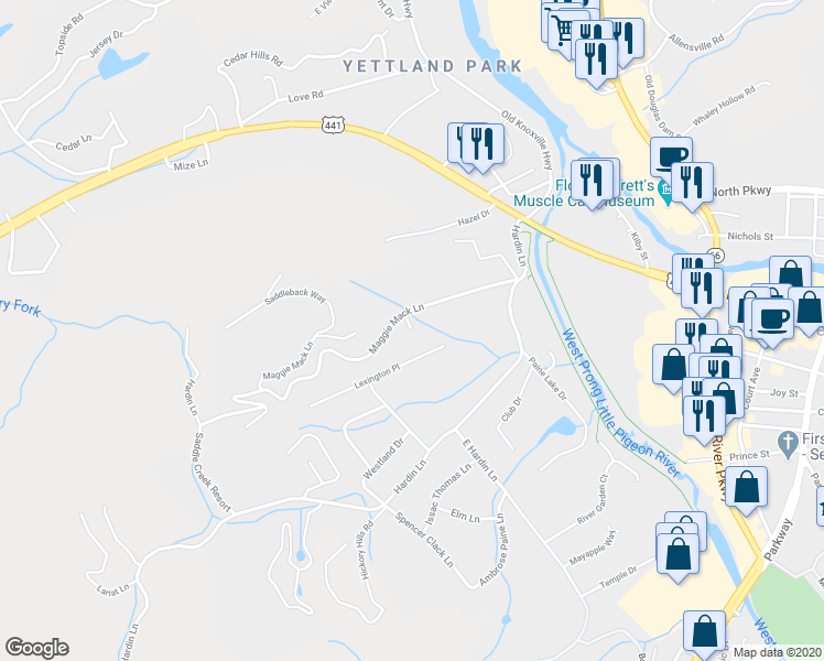 map of restaurants, bars, coffee shops, grocery stores, and more near Silvercrest Court in Sevierville