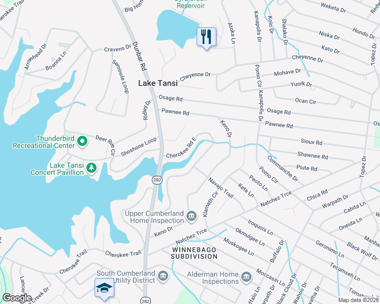 map of restaurants, bars, coffee shops, grocery stores, and more near 1518 Cherokee Road East in Crossville