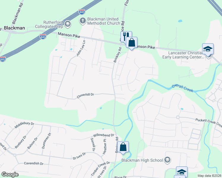 map of restaurants, bars, coffee shops, grocery stores, and more near 1447 Brinkley Road in Murfreesboro
