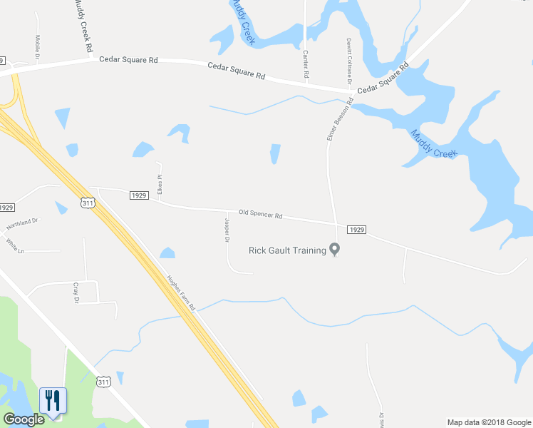 map of restaurants, bars, coffee shops, grocery stores, and more near 2842 Old Spencer Road in High Point