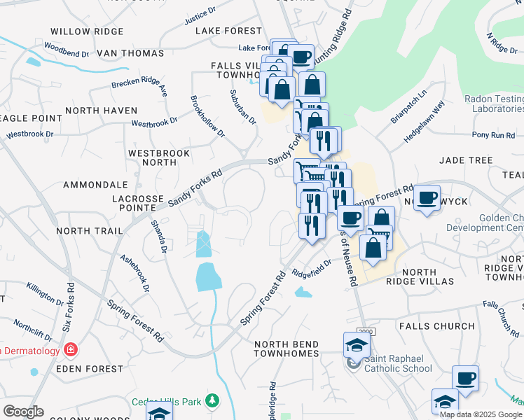 map of restaurants, bars, coffee shops, grocery stores, and more near 6655 Lake Hill Drive in Raleigh