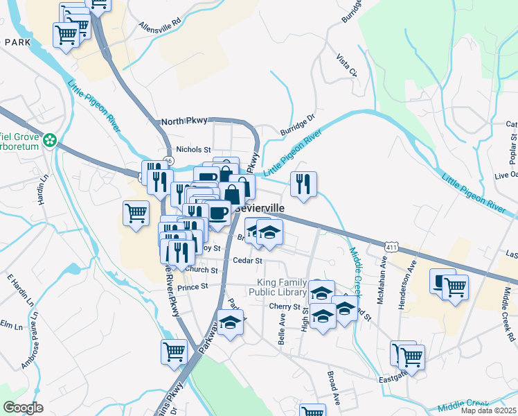 map of restaurants, bars, coffee shops, grocery stores, and more near in Sevierville