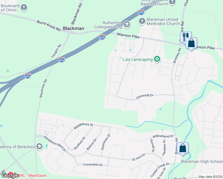 map of restaurants, bars, coffee shops, grocery stores, and more near 1509 Burrows Avenue in Murfreesboro
