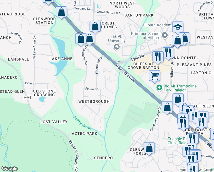 map of restaurants, bars, coffee shops, grocery stores, and more near 6260 Pesta Court in Raleigh