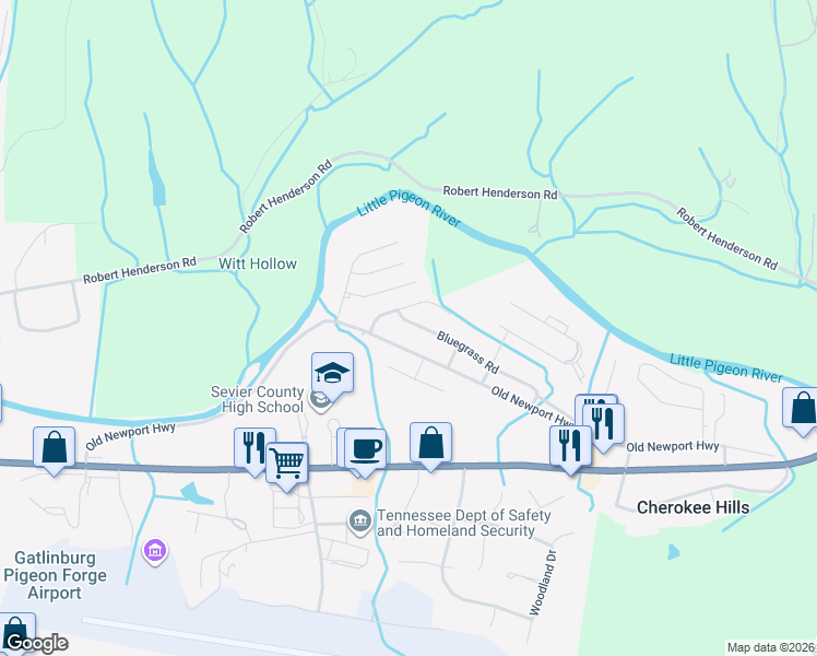 map of restaurants, bars, coffee shops, grocery stores, and more near 1285 Bluegrass Road in Sevierville