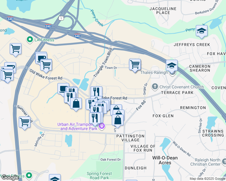 map of restaurants, bars, coffee shops, grocery stores, and more near 7821 Bergstrom Drive in Raleigh