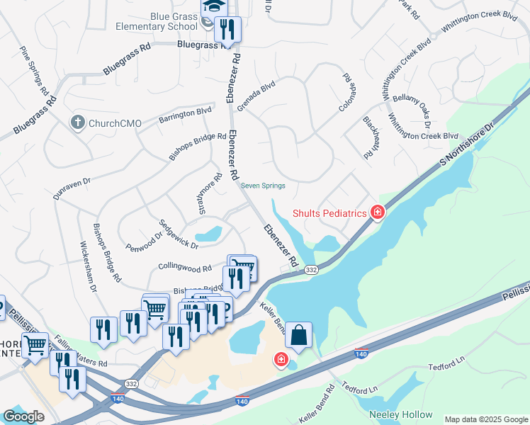 map of restaurants, bars, coffee shops, grocery stores, and more near 1840 Ebenezer Road in Knoxville