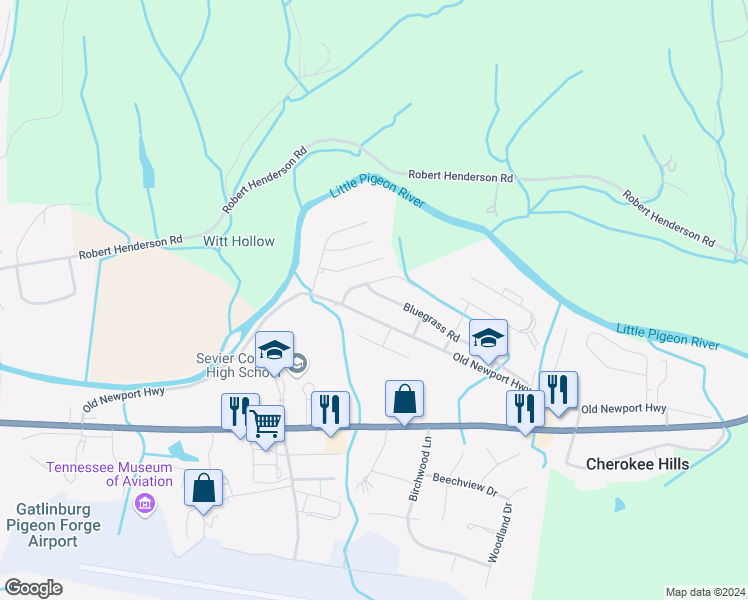 map of restaurants, bars, coffee shops, grocery stores, and more near 1285 Bluegrass Road in Sevierville