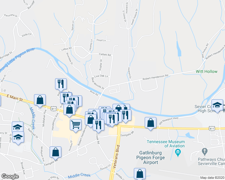 map of restaurants, bars, coffee shops, grocery stores, and more near 1545 Parkway in Sevierville