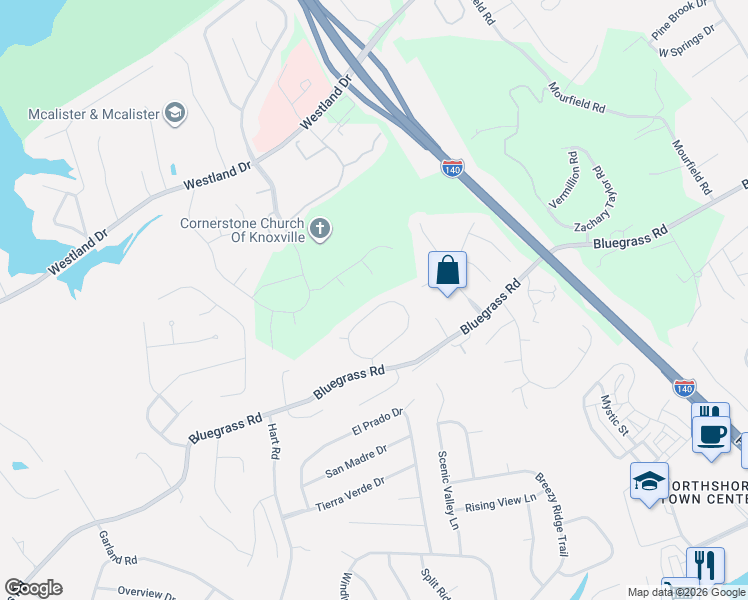 map of restaurants, bars, coffee shops, grocery stores, and more near 9920 Crestline Drive in Knoxville