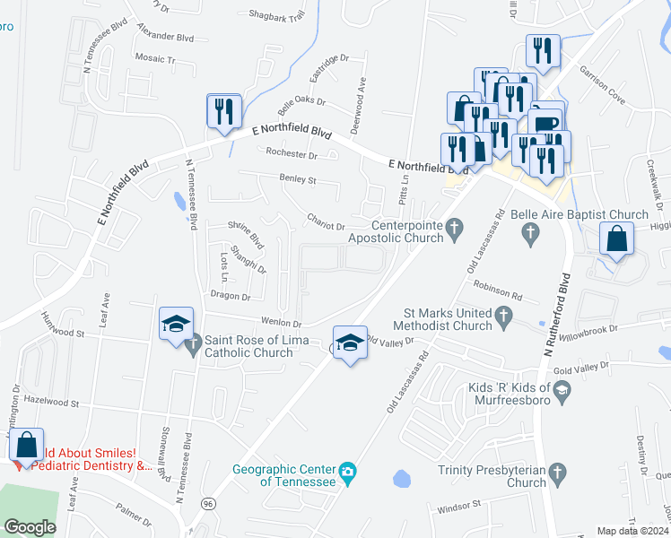 map of restaurants, bars, coffee shops, grocery stores, and more near 1345 Wenlon Drive in Murfreesboro