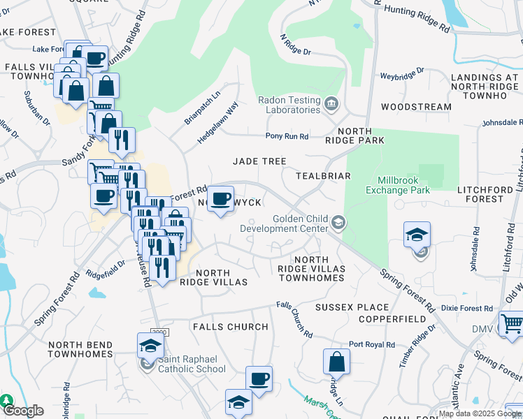 map of restaurants, bars, coffee shops, grocery stores, and more near 6405 Andsley Drive in Raleigh