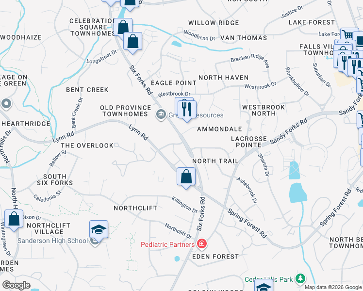 map of restaurants, bars, coffee shops, grocery stores, and more near 6350 Terra Verde Drive in Raleigh