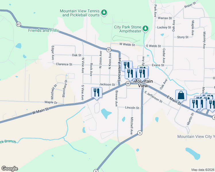 map of restaurants, bars, coffee shops, grocery stores, and more near 411 West Main Street in Mountain View