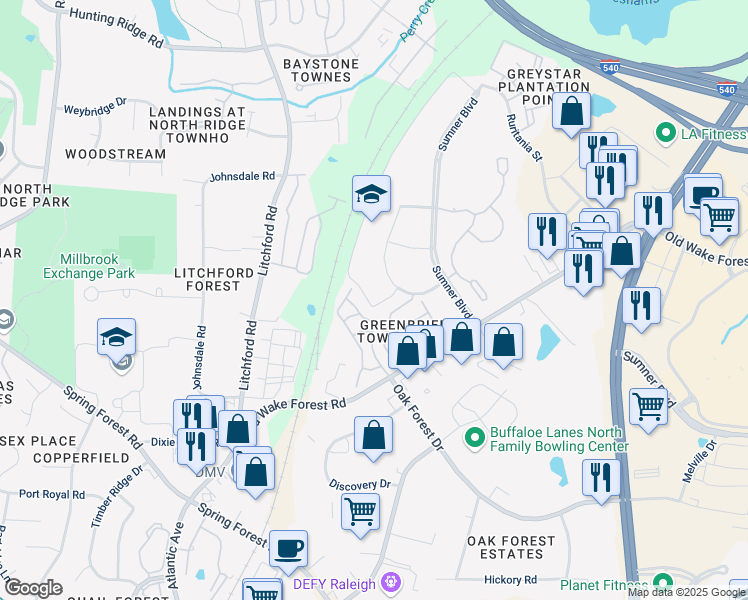 map of restaurants, bars, coffee shops, grocery stores, and more near 137 Times Drive in Raleigh