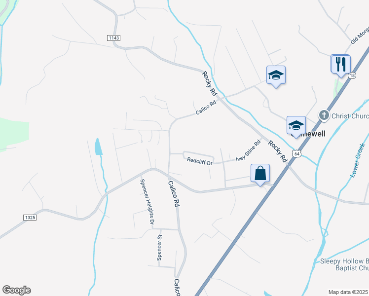 map of restaurants, bars, coffee shops, grocery stores, and more near 3594 Redcliff Drive in Lenoir