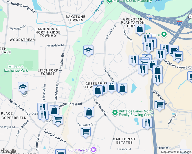 map of restaurants, bars, coffee shops, grocery stores, and more near 2911 Berkeley Springs Place in Raleigh