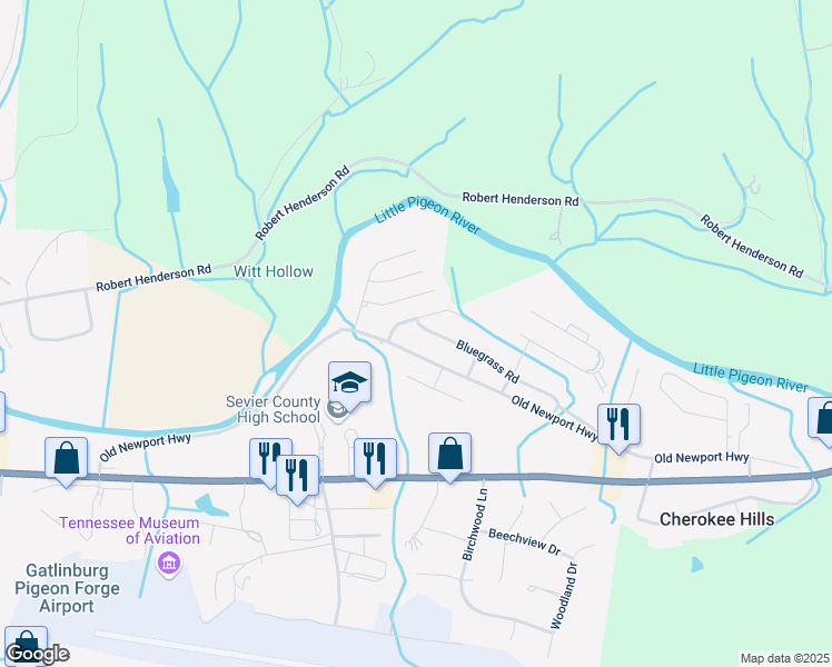map of restaurants, bars, coffee shops, grocery stores, and more near 1266 Old Newport Highway in Sevierville