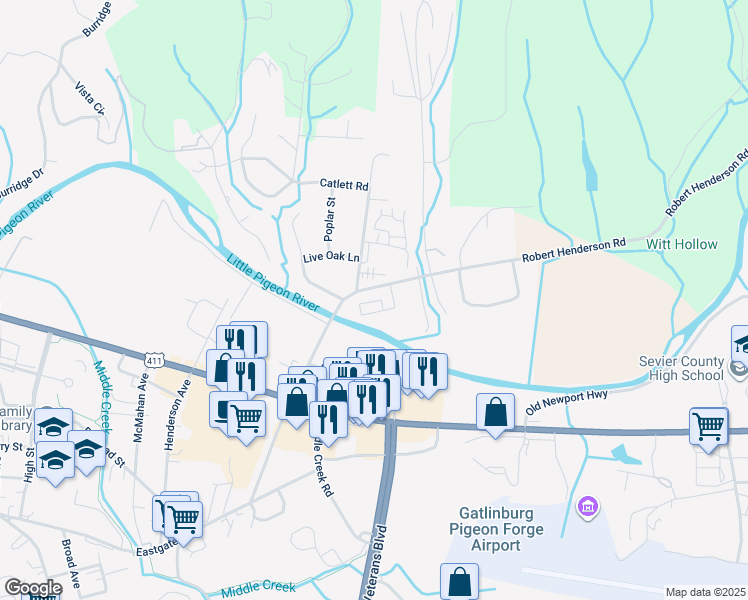 map of restaurants, bars, coffee shops, grocery stores, and more near 240 Riverwalk Drive in Sevierville