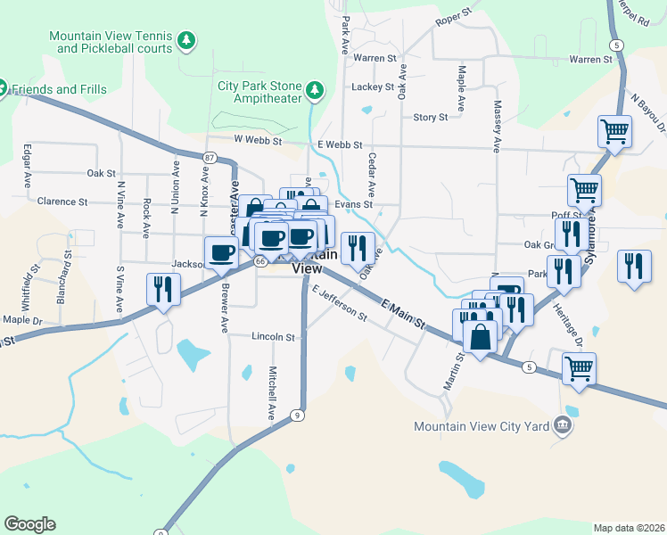map of restaurants, bars, coffee shops, grocery stores, and more near 118 East Main Street in Mountain View