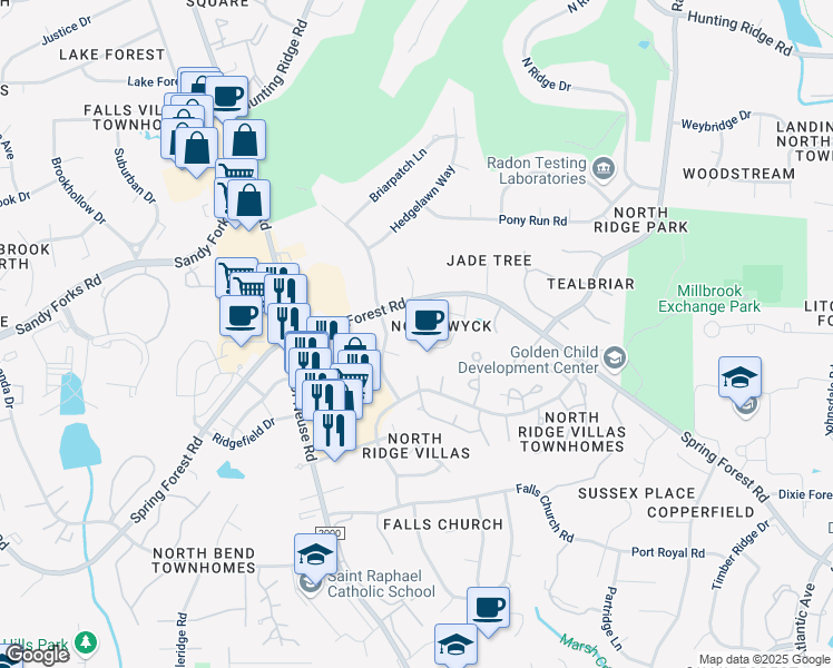 map of restaurants, bars, coffee shops, grocery stores, and more near 6200 Wyckhurst Court in Raleigh