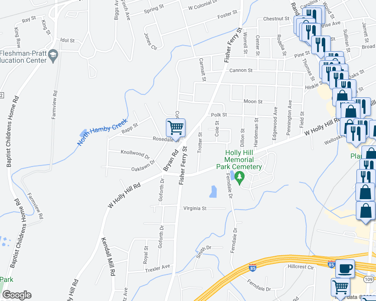 map of restaurants, bars, coffee shops, grocery stores, and more near 807 Fisher Ferry Street in Thomasville
