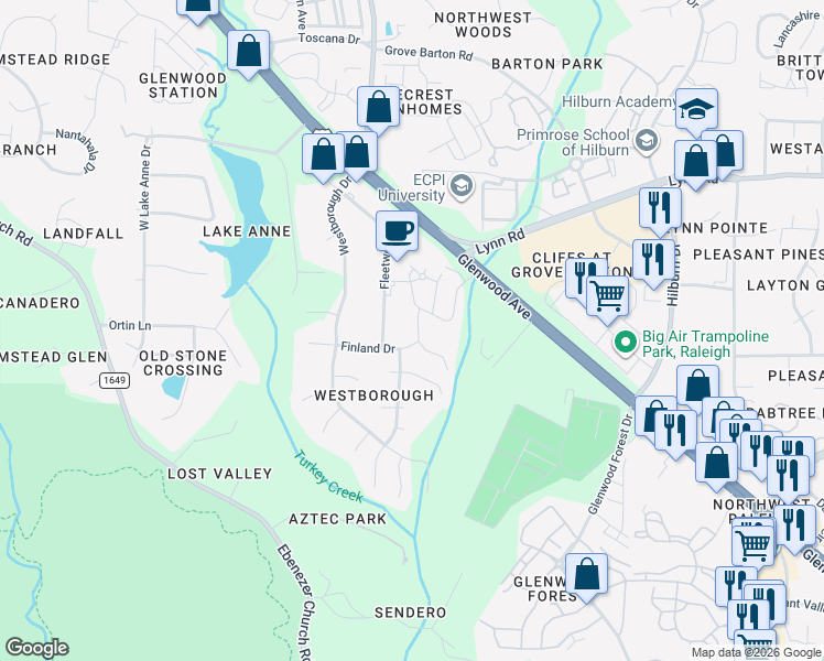 map of restaurants, bars, coffee shops, grocery stores, and more near 7908 Finland Drive in Raleigh