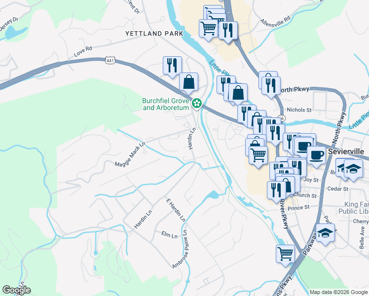 map of restaurants, bars, coffee shops, grocery stores, and more near 217 Hardin Lane in Sevierville