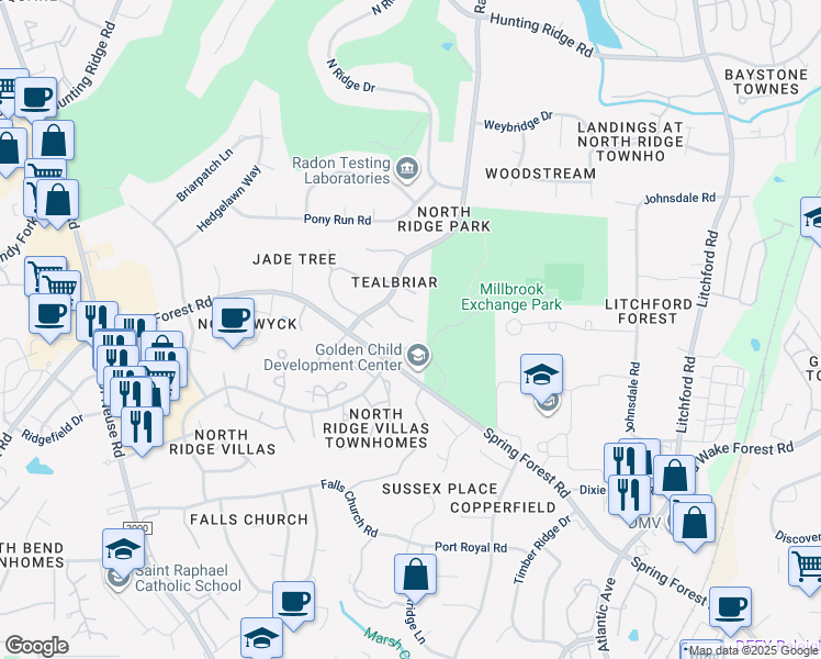 map of restaurants, bars, coffee shops, grocery stores, and more near 1724 Briarforest Place in Raleigh