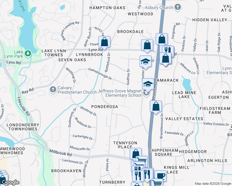 map of restaurants, bars, coffee shops, grocery stores, and more near 6117 Redmond Court in Raleigh