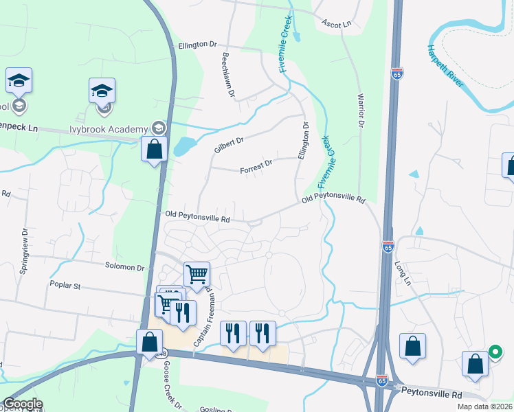 map of restaurants, bars, coffee shops, grocery stores, and more near 221 Old Peytonsville Rd in Franklin