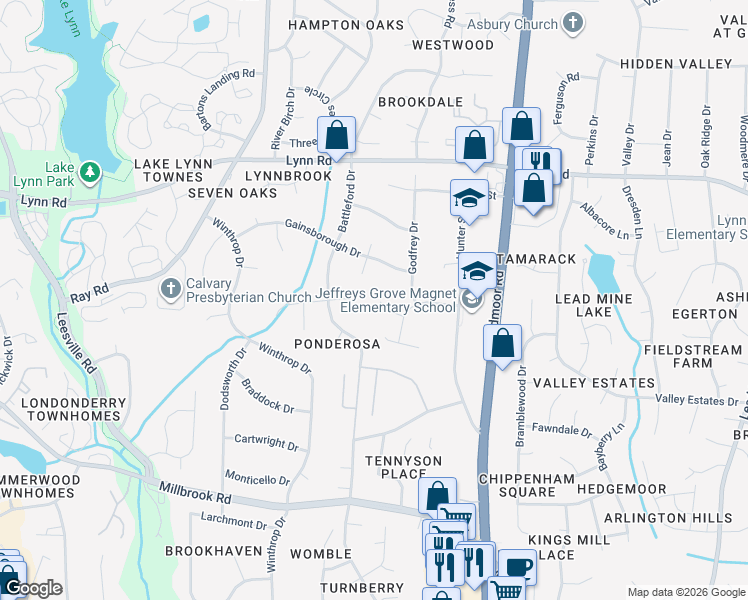 map of restaurants, bars, coffee shops, grocery stores, and more near 6117 Redmond Court in Raleigh