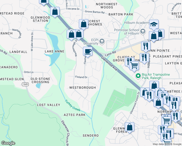 map of restaurants, bars, coffee shops, grocery stores, and more near 7908 Finland Drive in Raleigh