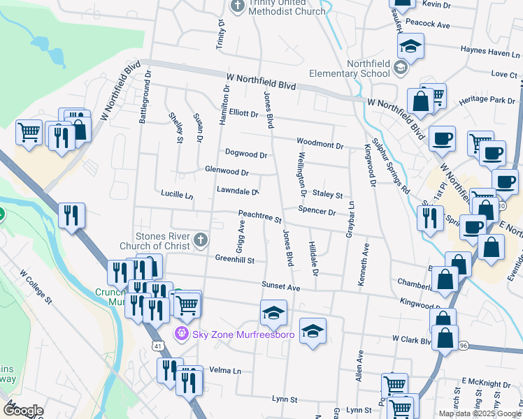 map of restaurants, bars, coffee shops, grocery stores, and more near 903 Peachtree Street in Murfreesboro