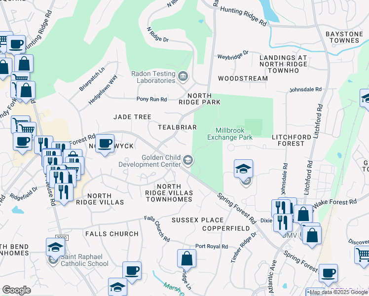 map of restaurants, bars, coffee shops, grocery stores, and more near 1724 Briarforest Place in Raleigh