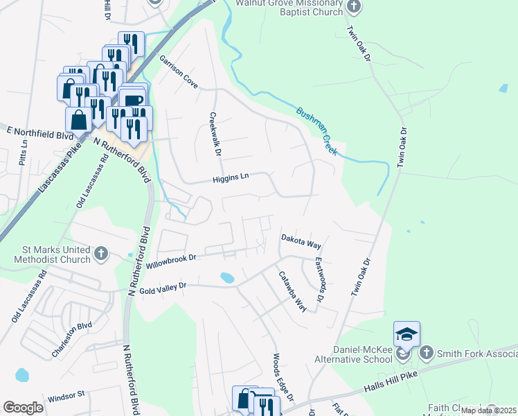 map of restaurants, bars, coffee shops, grocery stores, and more near 1802 Sawtooth Court in Murfreesboro