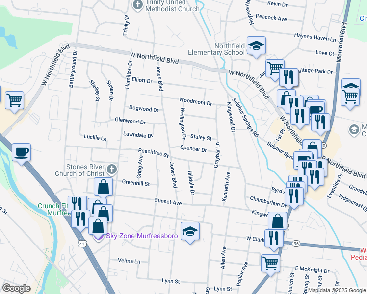 map of restaurants, bars, coffee shops, grocery stores, and more near 1833 Wellington Drive in Murfreesboro