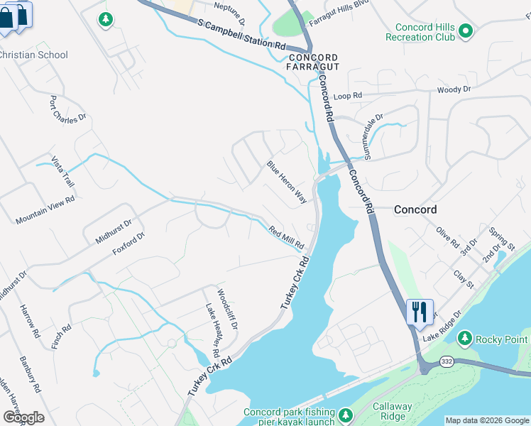 map of restaurants, bars, coffee shops, grocery stores, and more near 700 Lake Mill Lane in Knoxville