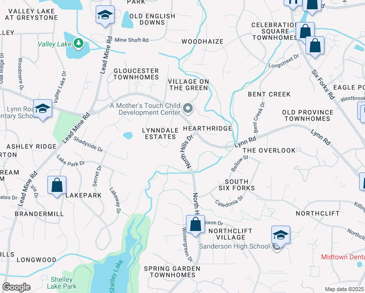 map of restaurants, bars, coffee shops, grocery stores, and more near 6204 North Hills Drive in Raleigh