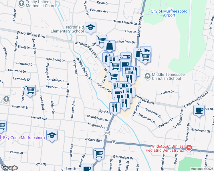 map of restaurants, bars, coffee shops, grocery stores, and more near 1691 Memorial Boulevard in Murfreesboro