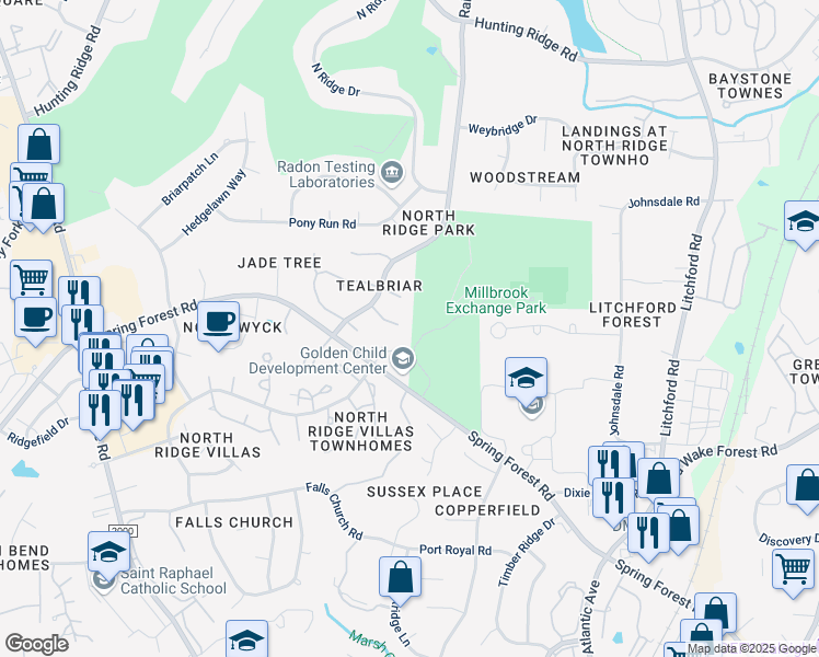 map of restaurants, bars, coffee shops, grocery stores, and more near 1733 Briarforest Place in Raleigh