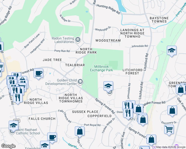 map of restaurants, bars, coffee shops, grocery stores, and more near 1905 Spring Forest Road in Raleigh