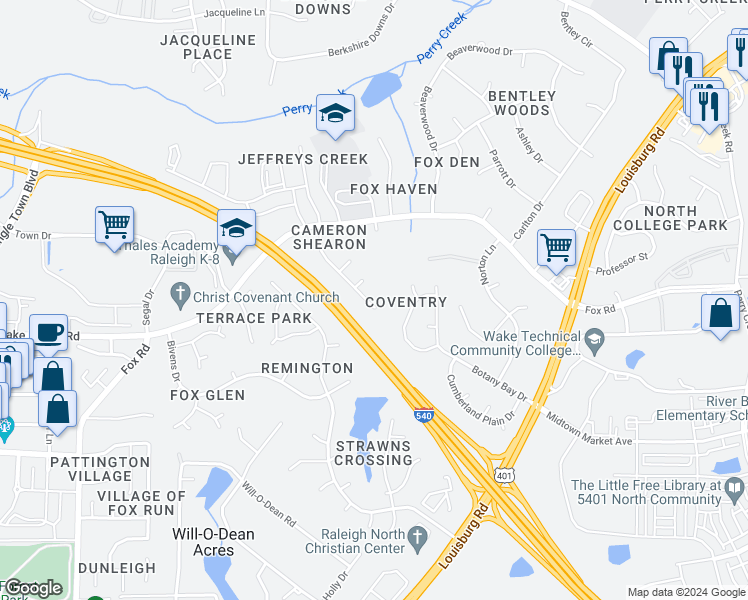 map of restaurants, bars, coffee shops, grocery stores, and more near 5119 Werribee Drive in Raleigh
